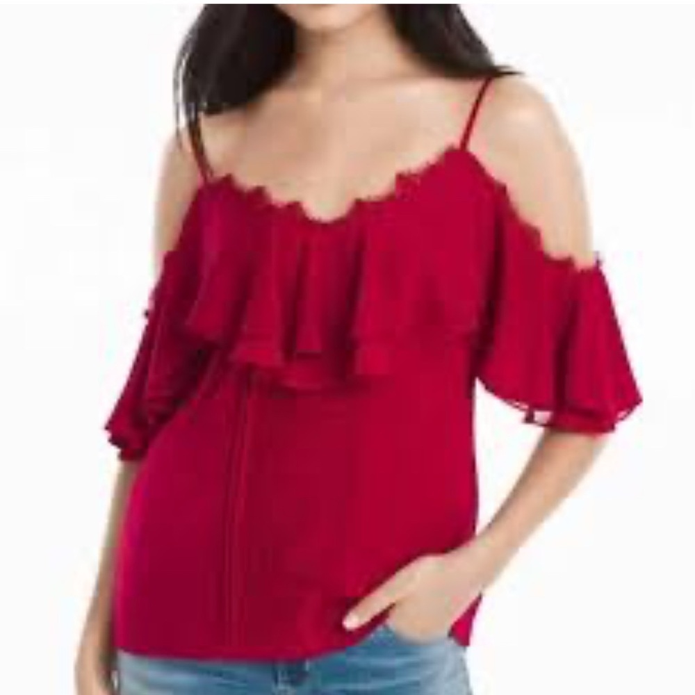 White House Black Market Red Cold-Shoulder Ruffle Blouse